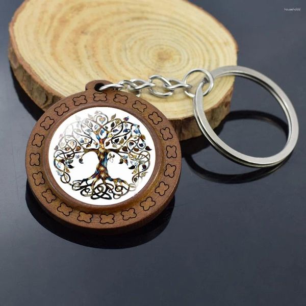 Schlüsselanhänger Retro Holz Schlüsselanhänger Keltischer Baum des Lebens Po Glas Cabochon Schlüsselanhänger Halter Schlüsselanhänger Charm Schmuck Geschenke für Frauen