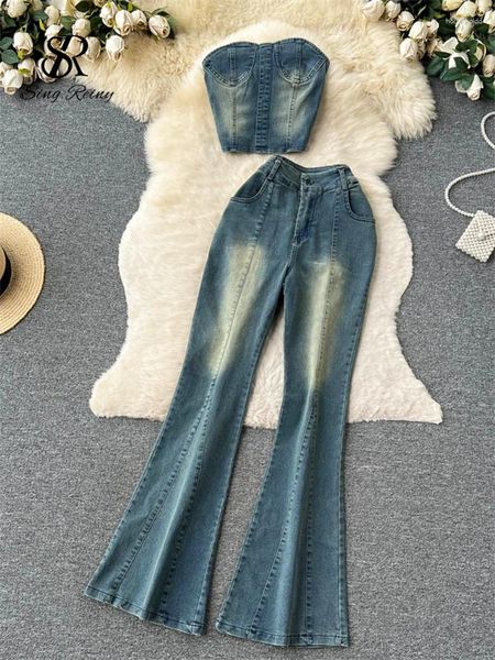 Zweiteilige Hosen für Damen SINGREINY Mode Streetwear Denim Stücke Sets Frauen Trägerloses Top Breite Beine Lange Jeans Sommer American Retro Sexy