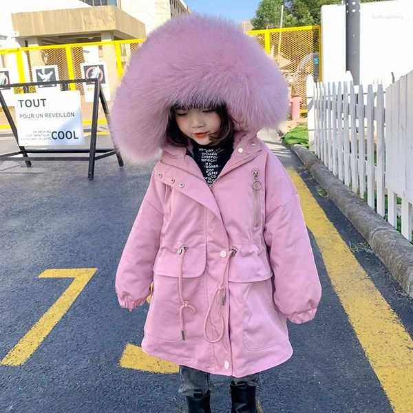 Casacos de inverno de pele real com capuz menino casacos de neve grosso quente bebê meninas jaqueta à prova de vento crianças outerwear roupas ao ar livre crianças parkas