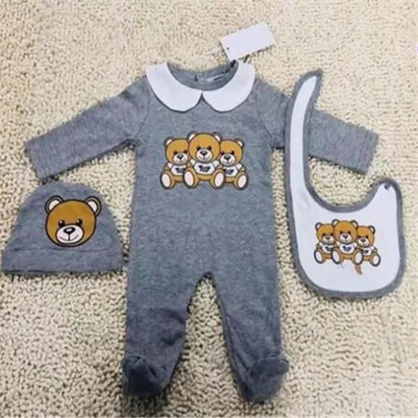 Designer bonito bebê recém-nascido roupas conjunto infantil bebê meninos bodysuit impressão urso macacão bebê menina macacão babadores boné outfits conjunto 0-18 mês CSG2402028-6