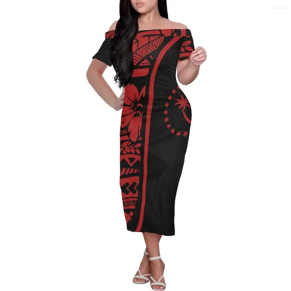 Partykleider Polynesian Tribal Kleidung für Frauen Schwarz und Rot Print Robe Casual Kurzarm Open Off Shoulder Damen 2024