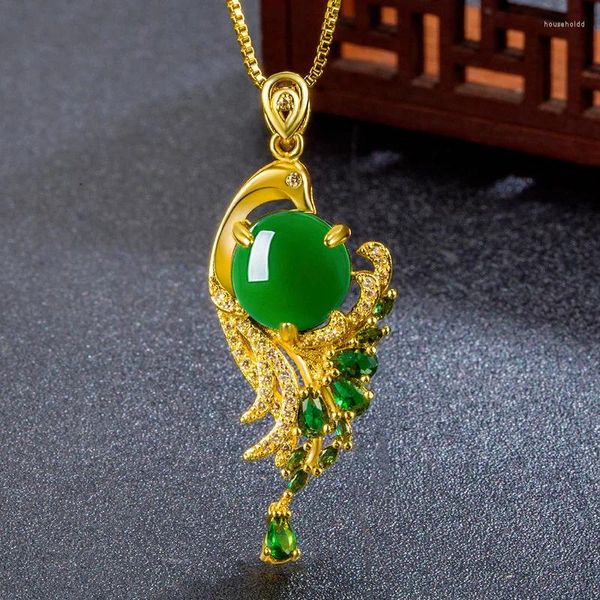 Ciondoli Stile etnico Collana con ciondolo pavone in giada verde Moda femminile Ali di fenice Argento 925 Catena con clavicola Gioielli da donna