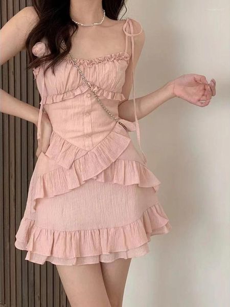 Casual Kleider 2024 Sommer Rosa Strap Kleid Büro Dame Ärmellose Strand Stil Y2k Mini Sogar Party Outwear Ein Stück Koreanisch