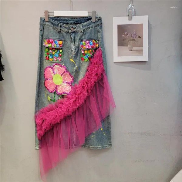 Röcke Damen Mesh Gespleißte Rüschen Diamanten Perlen Jeansrock Blumen Pailletten Stickerei Gaze Geraffte Nähte Mittellange Jeans