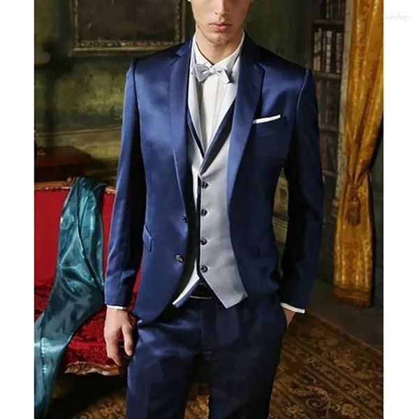 Ternos masculinos lindo blazer formal azul jaqueta calças cinza colete notch lapela único breasted magro traje homme roupas