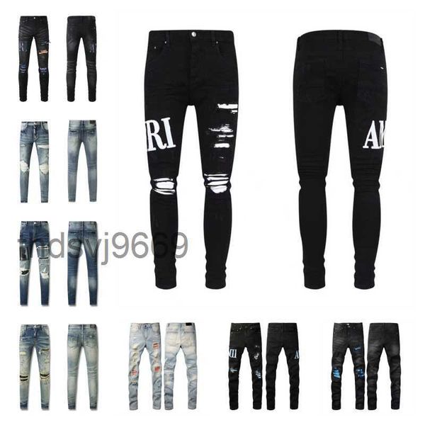 Amirs Jeans Designer Mens Roxo High Street Hole Star Patch Womens Bordado Painel Calças Stretch Slim-Fit Calças PUHA
