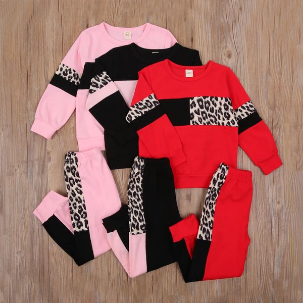 Patchwork Leopardo Due pezzi Vestiti per bambina Abbigliamento sportivo per bambini Completo a maniche lunghe Girocollo Top Testa elastica Pantaloni lunghi per l'autunno 240131