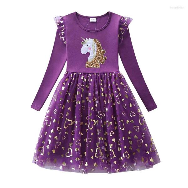 Abiti da ragazza Metri da salto Unicorno Manica lunga Principessa Ragazze Ricamo Vestiti in cotone per bambini Tasche Costume Abiti per bambini