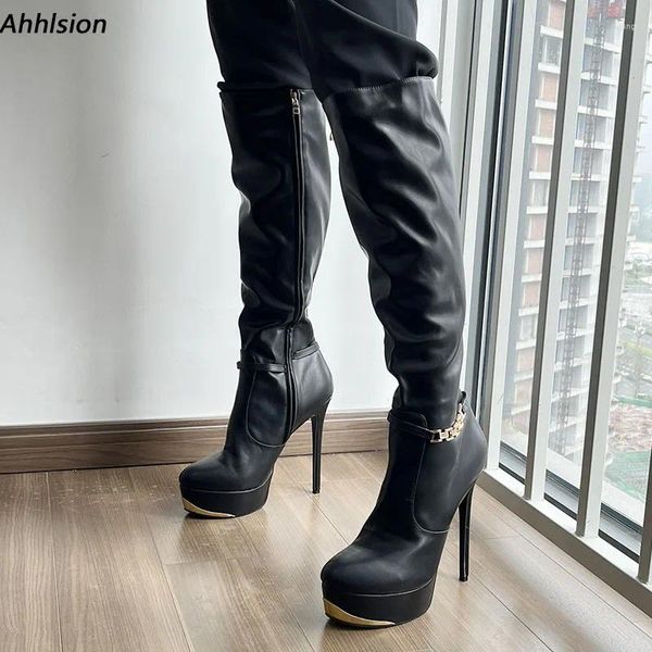 Сапоги Ahhlsion, женские зимние туфли до колена из искусственной кожи на шпильке с круглым носком, красивые черные туфли для вечеринок, женские размеры США 5-20