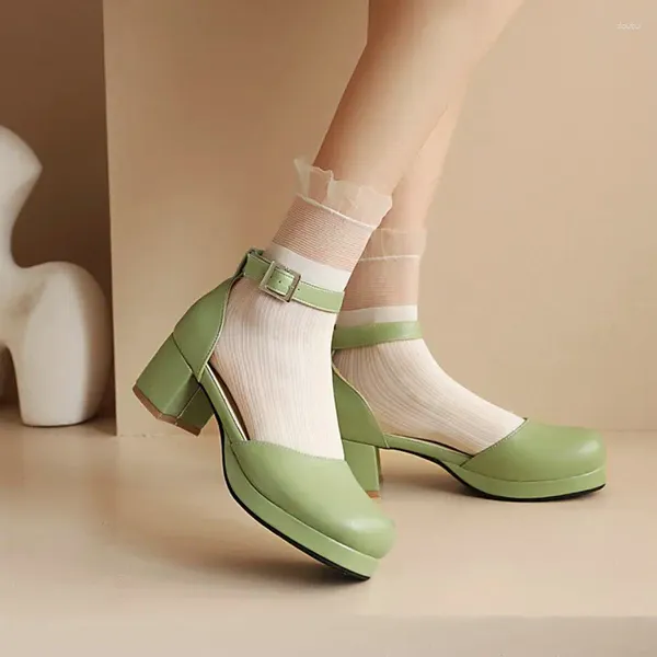 Sapatos de vestido QPLYXCO 2024 Verão Doce Meninas Lolita Closed Toe Verde Rosa Mary Janes Lady Bombas Chunky Middle Heels Womens Sandálias