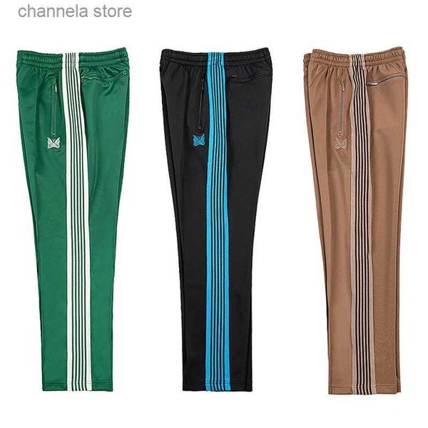 Calças masculinas 23ss High Street Awge Needles Calças Homens Mulheres Brown Stripe Calças Laranja Bordado Borboleta Calças Hip Hop Pant T240202