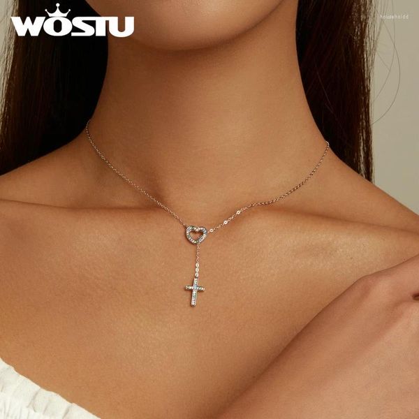 Ciondoli WOSTU Reale 925 Sterling Silver Abbagliante Arcobaleno Amore Cuore Croce Zircone Pendente Collana Girocollo Per Le Donne Gioielli Regalo CTN244