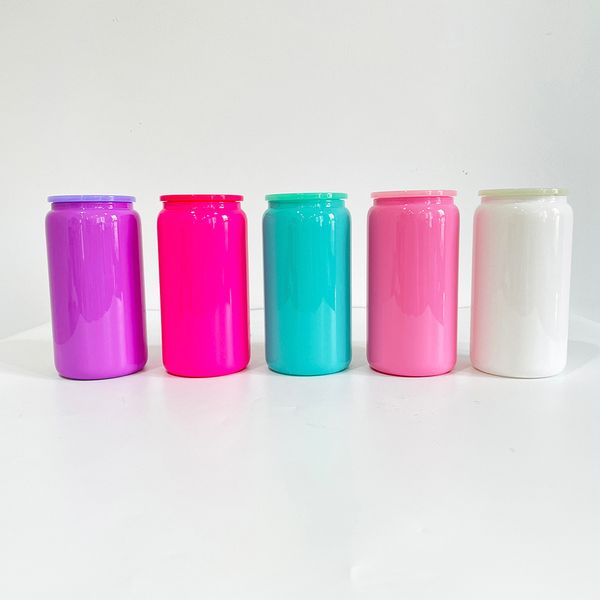 BPA-freie Großhandelsdosen in Form von Trinkgefäßen. Solide, glänzende, farbenfrohe, einfarbige 16-Unzen-Bier-Soda-Glasdose aus Borosilikatglas für UV-DTF-Verpackungen, verkauft im Karton