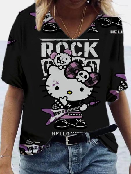 Magliette da donna Stampa 3D Kitty Moda Casual T-shirt allentata Ultima ragazza Top Ciao Stampa Carino scollo a V rosa
