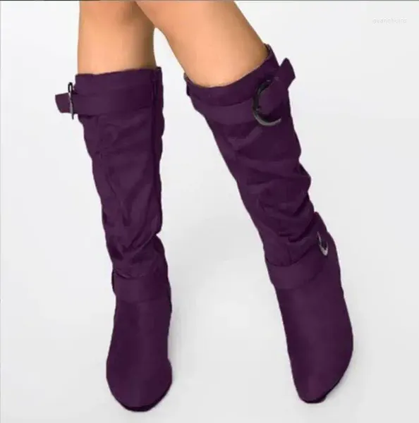 Сапоги, модные женские осенние сапоги до колена из искусственной замши, женская обувь на шпильке с пряжкой, зимняя обувь большого размера