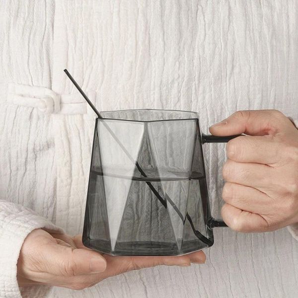 Copos de vinho 460ml diamante água castanha preto vidro transparente bebendo caneca de café copo de suco resistente ao calor alça de alta capacidade