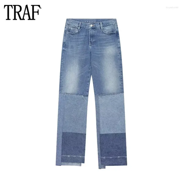 Jeans femininos traf 2024 flare baggy mulheres azul denim rasgado para calças de verão cintura alta mulher calças casuais