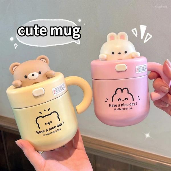 Canecas Bonito Urso Coelho Caneca Kawaii Palha com Tampa Meninas Crianças Casal Copo Aquecedor Japão Grande Heatproof Aço Inoxidável Café Café da Manhã