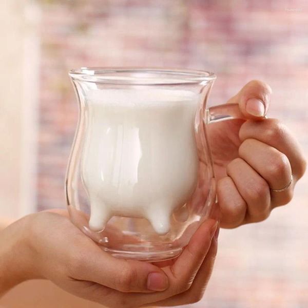 Bicchieri da vino Simpatica tazza da latte Tazze da mucca in vetro resistente al calore a doppio strato Tazza trasparente per bambini Bere acqua Succo Tazze da caffè Contenitore