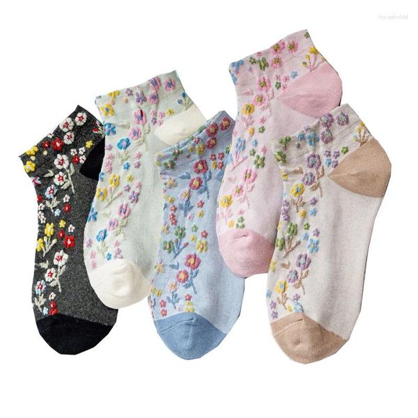 Calzini da donna 3 paia/lotto Set stile coreano Harajuku comodi corti in cotone stampa Kawaii moda fiore Femme Socken tubo basso