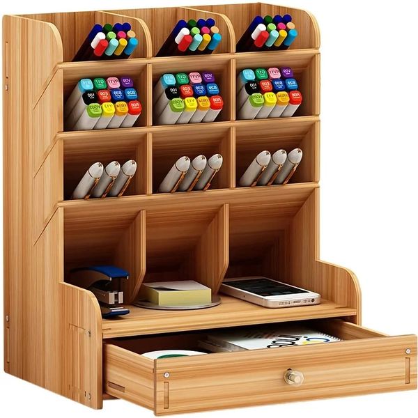 1pc organizador de mesa de madeira multifuncional diy caneta titular caixa armazenamento desktop estacionário rack para escritório em casa e escola 240125