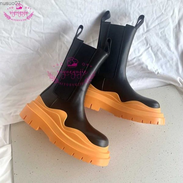 Botas novas botas de couro preto chelsea para mulheres dedo do pé redondo sapatos plataforma botas de inverno feminino esculpido boi botines mujer 2023