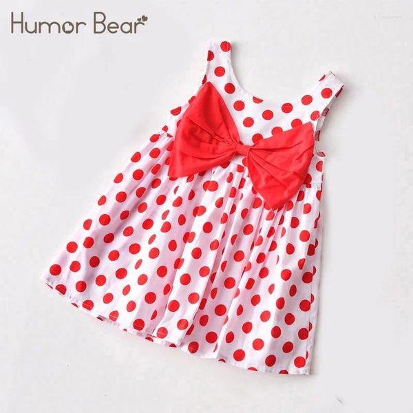 Vestidos de menina humor urso meninas vestido verão sem mangas ploka dot impresso grande arco princesa roupas da criança