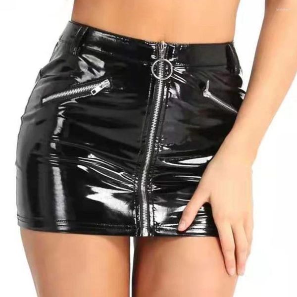 Röcke Frau PVC Lackleder Reißverschluss Vorne Offen Glänzend PU Paket Hüfte Faldas Bleistiftrock Glänzend Sexy Unterwäsche Minirock