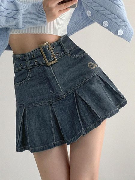 Saias cintura alta y2k jean e-girl estética preto denim plissado harajuku cinto faixas babados punk outfits a-line saia