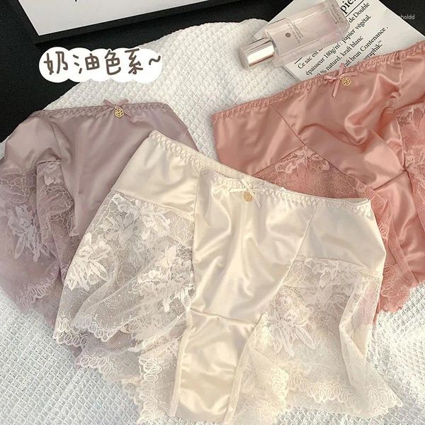 Mutandine da donna Intimo grande Biancheria intima sexy a vita alta in pizzo con cuciture in raso di seta ghiacciata con cavallo Bowknot