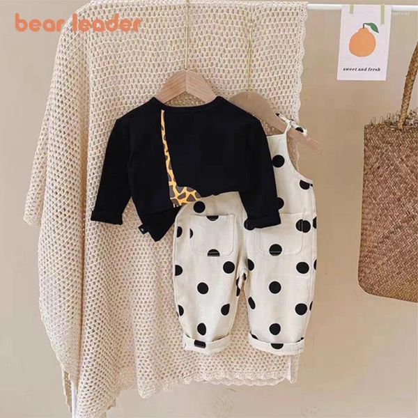 Set di abbigliamento Completo da ragazza Bear Leader 2024 Tuta da bambino primaverile e autunno T-shirt nera carina Bretelle a pois Set da 2 pezzi