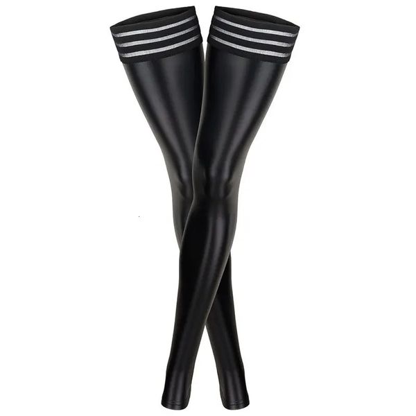 Sexy Damen-PU-Lederstrümpfe über Kniestrümpfe, lange Stiefel, oberschenkelhohe Strümpfe, Spitzenstreifen-Oberschenkel-Lederstrümpfe, Übergröße 240124