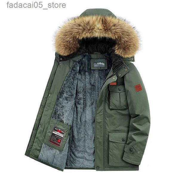 Erkekler Down Parkas Askeri Palto Kürk yaka Rusya Kış Ceket Erkekler Sıcak Gölgeli Rüzgar Geçirmez Polar Parka Erkekler Artı Boyut 4xl Mens Uzun Parkas Q240202