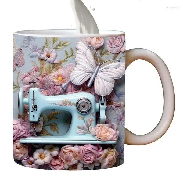 Tazze Divertenti tazze da cucire 3D con motivo a tazza con effetto in rilievo, macchina per caffè con fiori dipinti a tè