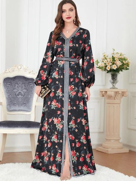 Roupas étnicas Elegante Vestido Muçulmano Mulheres Abaya Impressão Floral Split Marrocos Festa Kaftan Turquia Árabe Longo Robe Vestidos Dubai Maxi Vestidos