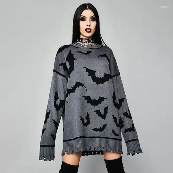 Kadın Sweaters Kadın Gotik Yarasa Örgü Vintage O-Neck Genişletilmiş 2024 Kadınlar Goth Siyah Gri Street Giyim Karanlık Estetik Giysiler