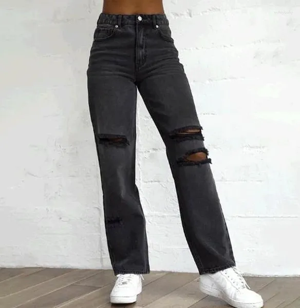 Damenjeans 2024, hohe Taille, zerrissene schwarze Hosen, Frauen tragen zerlumpte Modekleidung, trendige lässige lange Denim-Hosen, Freund