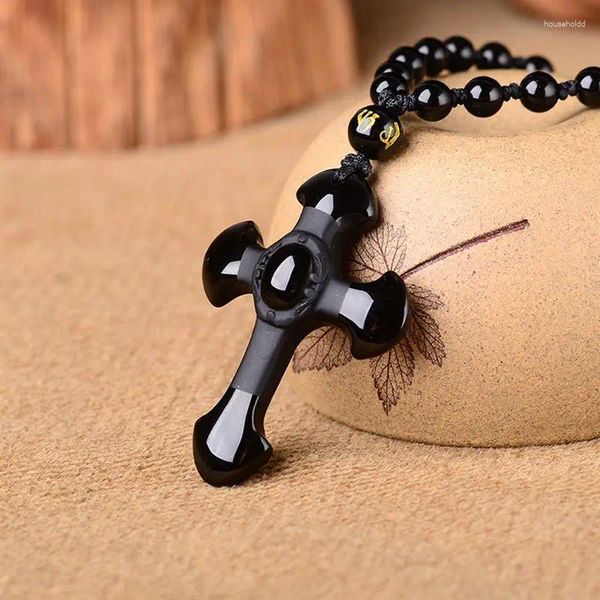 Anhänger Halsketten Naturstein Quarz Kristall Schwarzer Obsidian Handgeschnitztes Kreuz für DIY Schmuckherstellung Halskette Zubehör