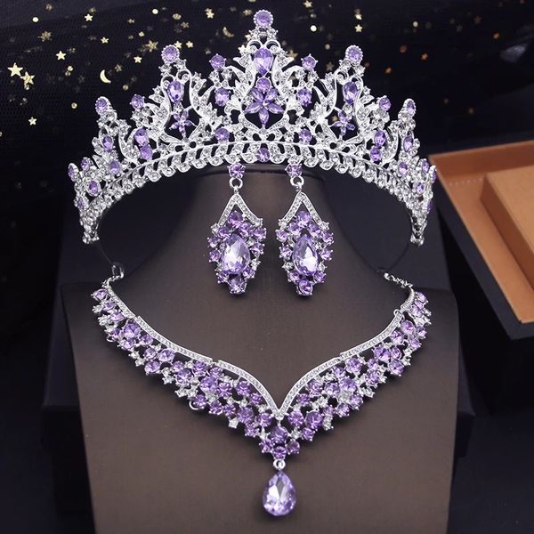 Moda roxo cores conjuntos de jóias de noiva com tiaras princesa casamento coroa colar brincos conjunto noiva acessórios traje 240118