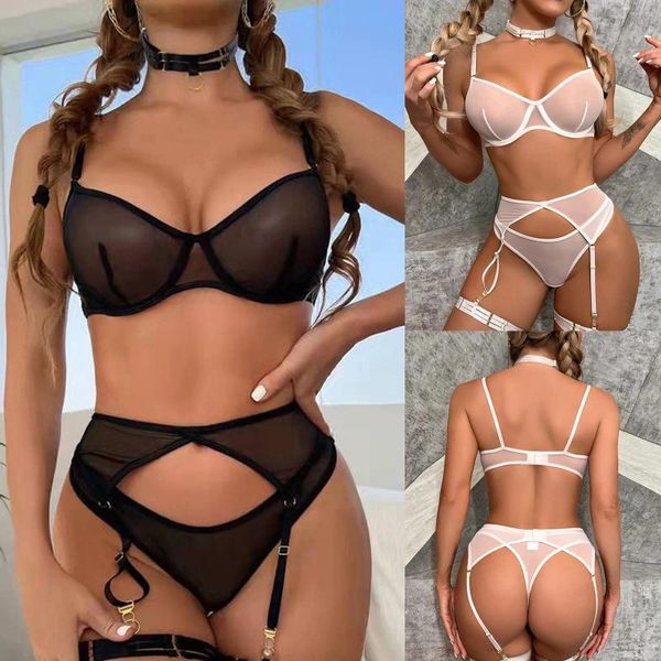 Ligas sexy moda renda lingerie roupa interior pijamas anel de aço liga g-string conjunto lenceria para mulher 3 pçs