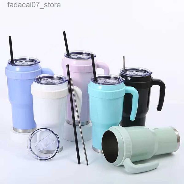 Tassen 40 Unzen Hochleistungs-Autobecher im Freien tragbarer Griff Thermoskanne transparente Scheibenabdeckung gerade Getränk Eis Pop-Tasse Q240202