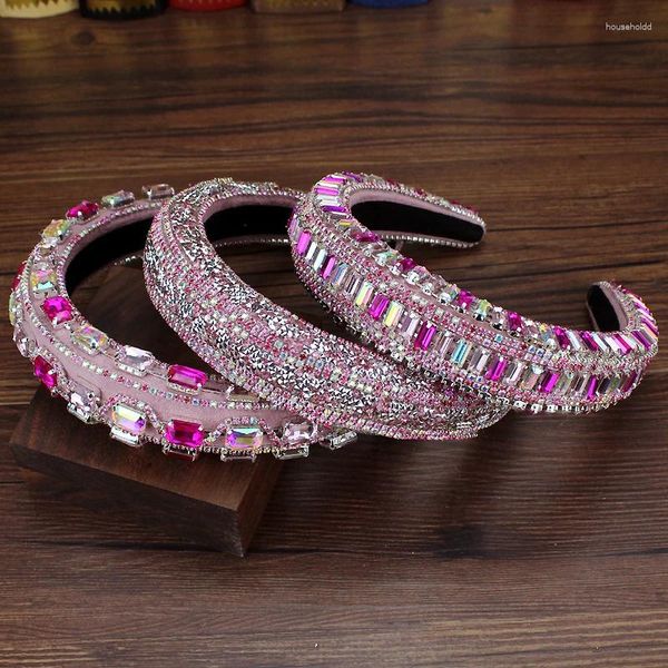 Grampos de cabelo luxo acolchoado barroco baile rainha jóias brilhando rosa cristal casamento headbands strass artesanal hairbands para mulher