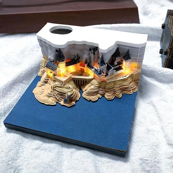 Castelo mágico criativo, calendário semanal com luz, mesa de escritório, escultura em papel 3d, arte, artesanato, bloco de notas pegajoso, decoração