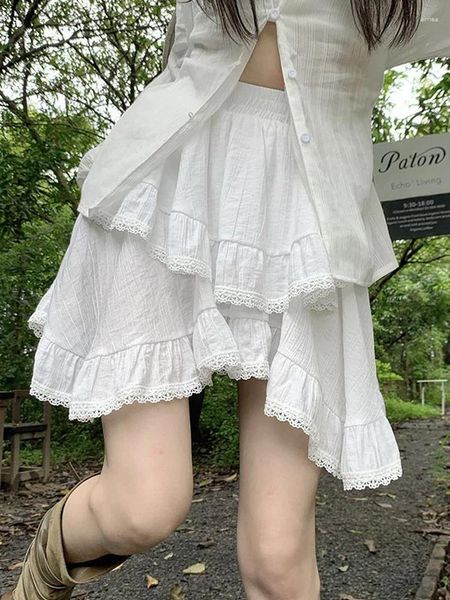 Saias brancas mini mulheres verão moda saia feminina y2k coquette cintura elástica senhoras kawaii vintage babados curto faldas