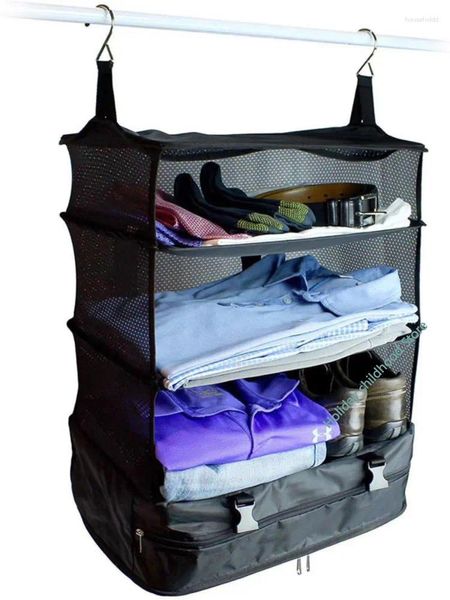 Sacos de armazenamento 3 camadas saco de viagem portátil gancho organizador guarda-roupa pendurado rack prateleiras mala espaço-economia