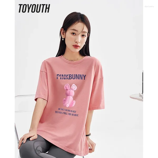 Kadın Tişörtleri Toyouth Kadınlar T-Shirt 2024 Bahar Kısa Kollu O Boyun Gevşek Tshirt Tavşan Mektubu Baskılı Saf Pamuk Konforu Tüm Maç Üstleri