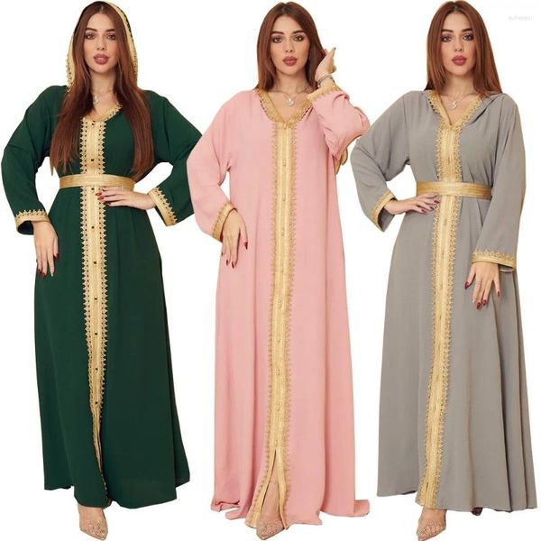 Roupas étnicas Moda Muçulmana Plus Size Maxi Vestido para Mulheres 2024 Fita de Ouro Patchwork V Pescoço Manga Longa Modest Roupas Árabes