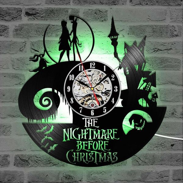 The Nightmare Before Christmas Theme DD Record Clock 3D Jack e Sally Film appeso Orologio da parete a LED Orologio antico creativo Y200109238F