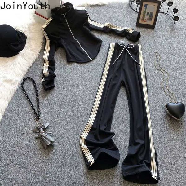 Calças femininas de duas peças Moda vestido de duas peças para mulheres com zíper gola cortada jaqueta casual calças de perna larga conjunto para roupas da Coreia do Sul Y2k 7L656 J240202