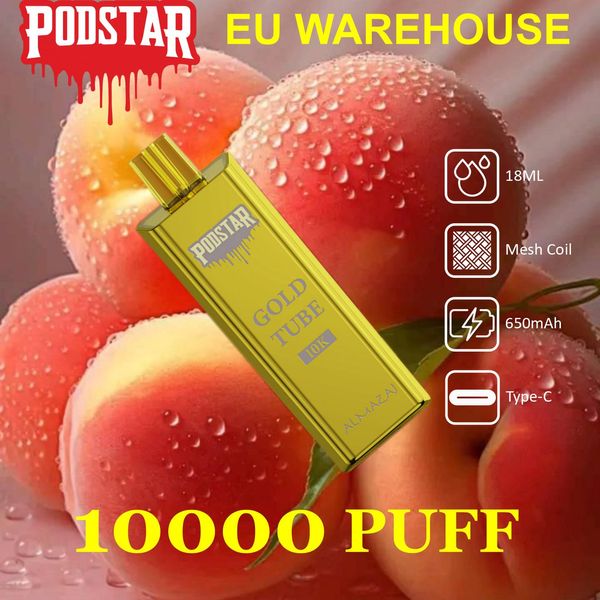 Hotsale 10000 Puff E-cigarro Podstar Vape Pod Produtos Descartáveis Tubo de Ouro 18Ml Líquido e Baterias de 650mAh